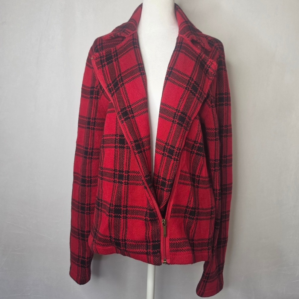 Chaps Womens Red Black Plaid Cotton Knit Asymmetrical Zip Jacket Size Large
